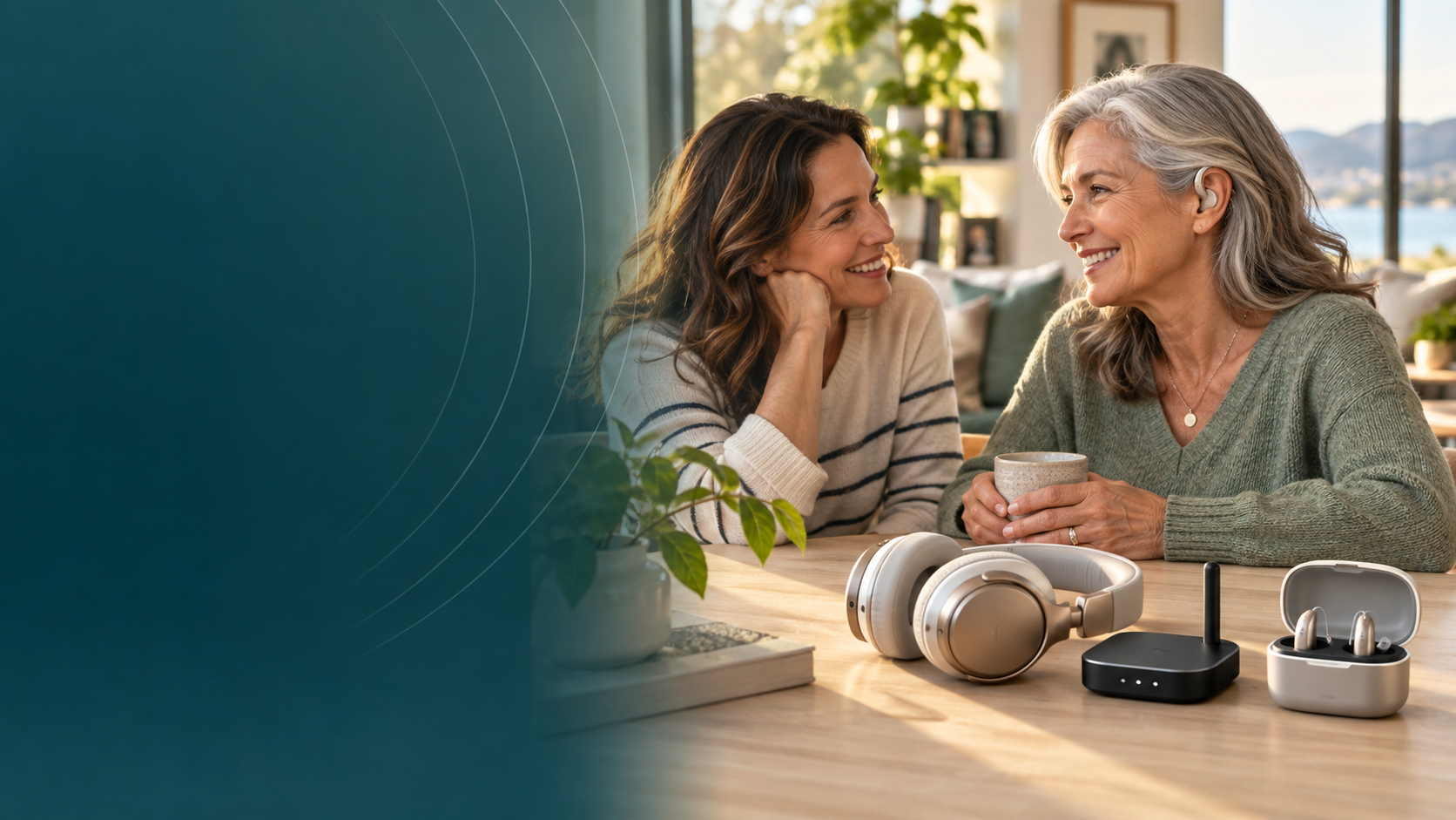 Illustrative scene of two adults enjoying a conversation at home, with hearing devices and music headphones on a table.